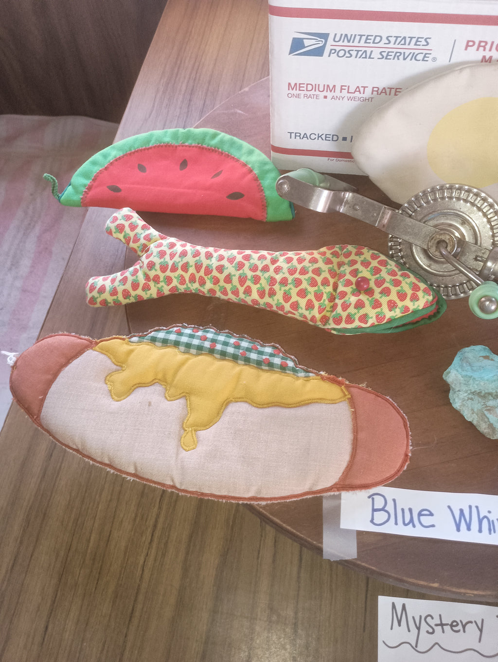 Blue Whirl Retro Pop-Art Mystery Box - 1940s Mechanical Egg Beater & Quirky Food Potholder Set