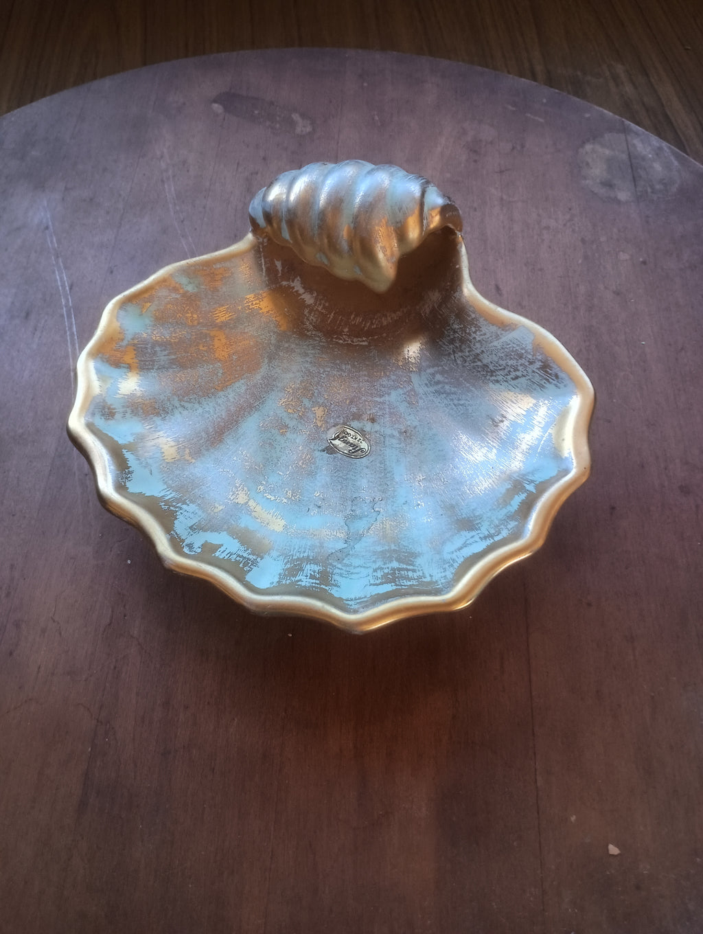 Vintage Mid-Century Stangl Pottery Iridescent Gold & Turquoise Shell Dish - #4018