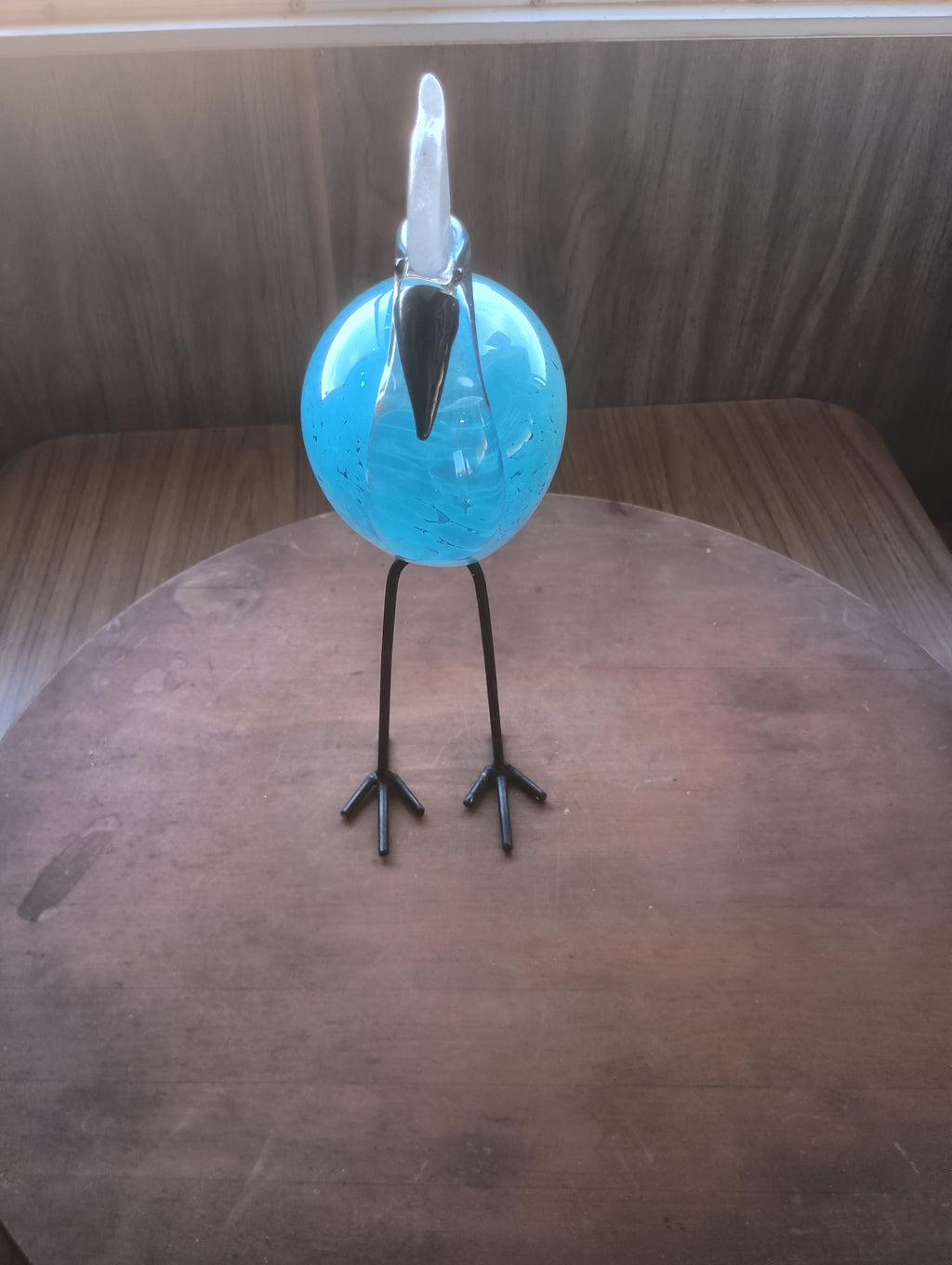 Vintage Mid-Century Murano Style Aqua Blown Art Glass Heron on Welded Metal Legs
