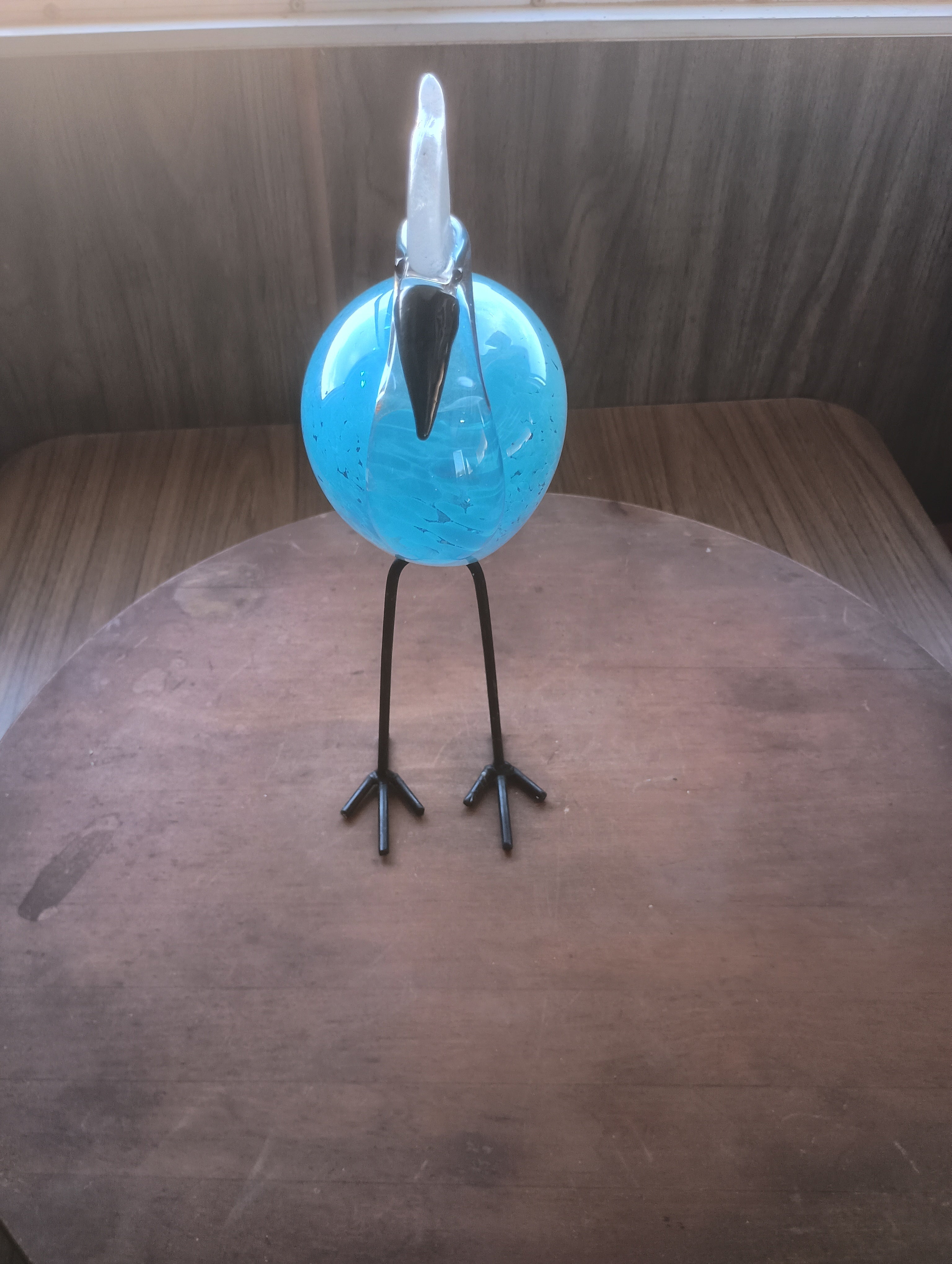 Vintage Mid-Century Murano Style Aqua Blown Art Glass Heron on Welded Metal Legs