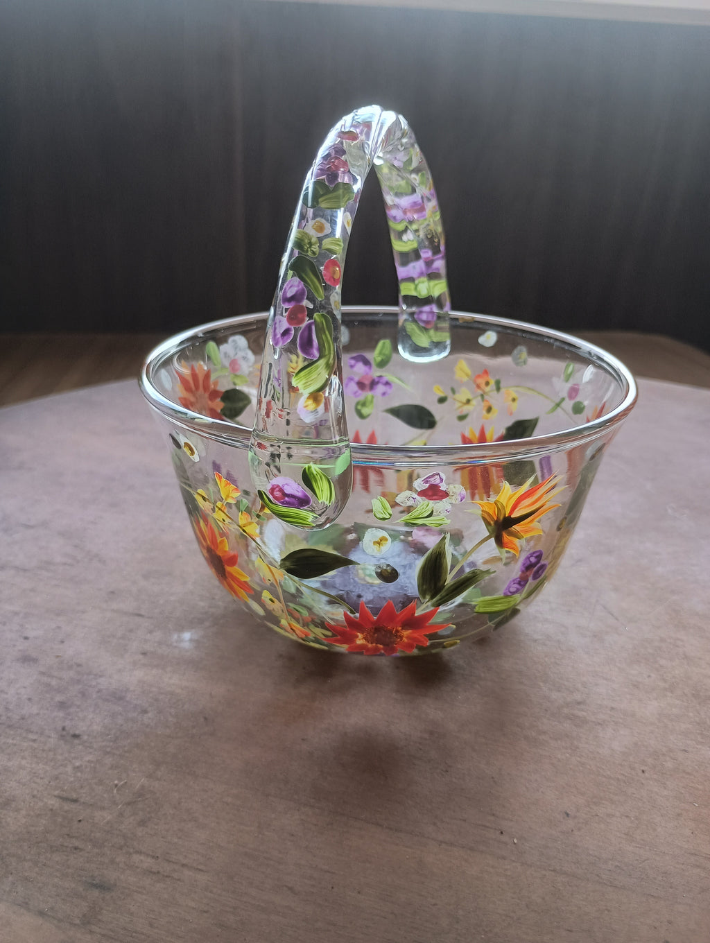 Hand-Painted "Wildflower Meadow" Glass Basket & Candle Holder Set