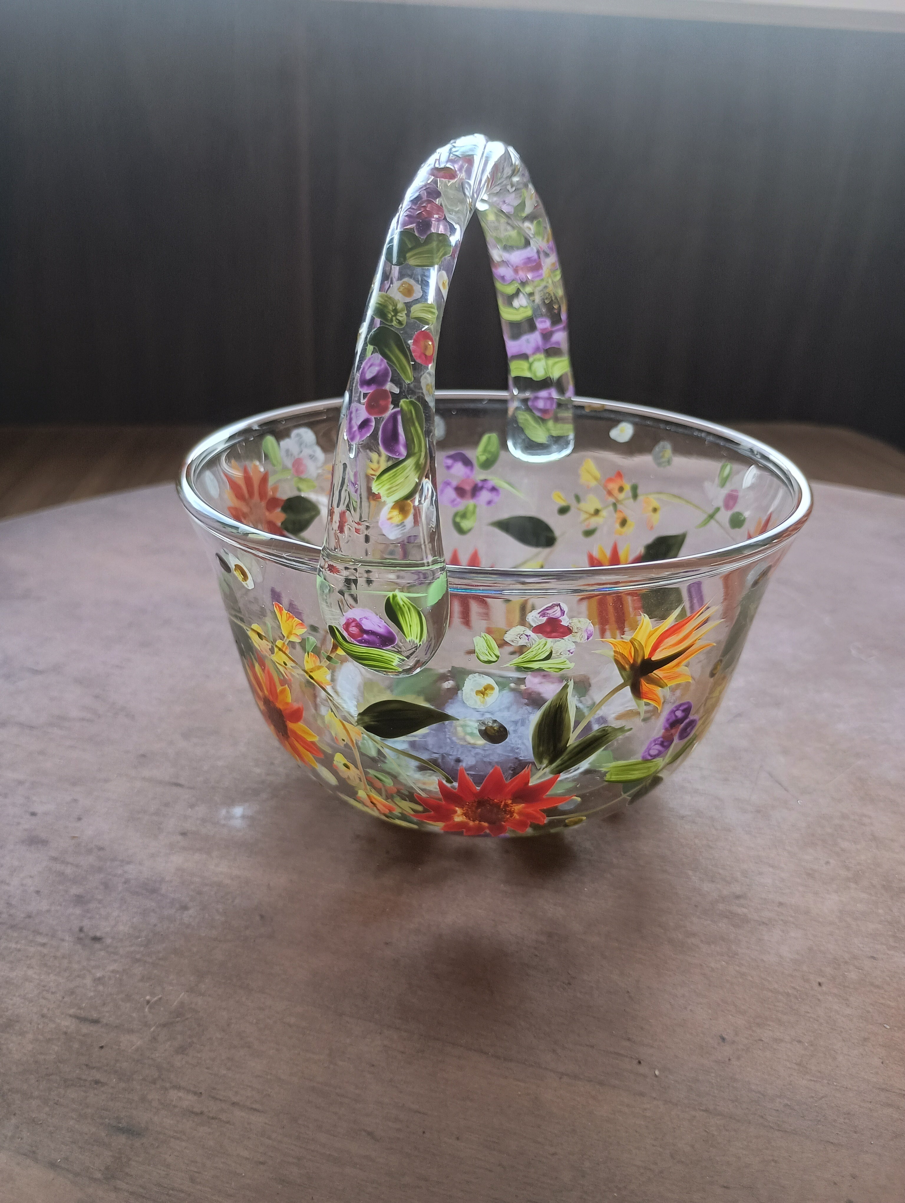 Hand-Painted "Wildflower Meadow" Glass Basket & Candle Holder Set