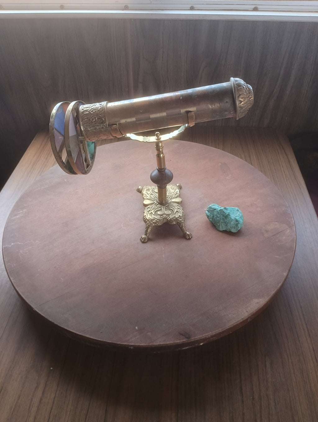 Vintage Handmade Brass & Stained Glass Parlor Tabletop Kaleidoscope
