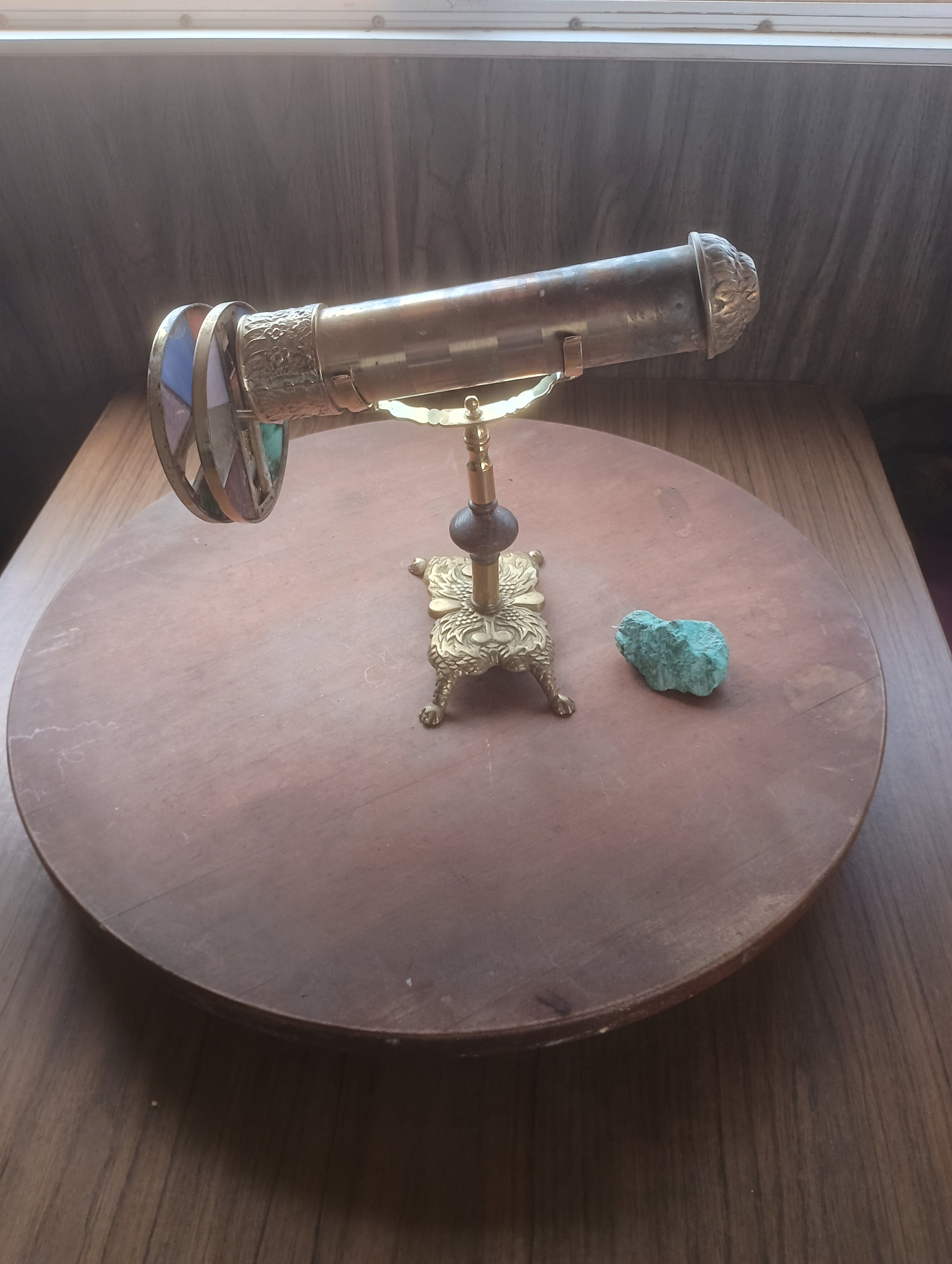 Vintage Handmade Brass & Stained Glass Parlor Tabletop Kaleidoscope