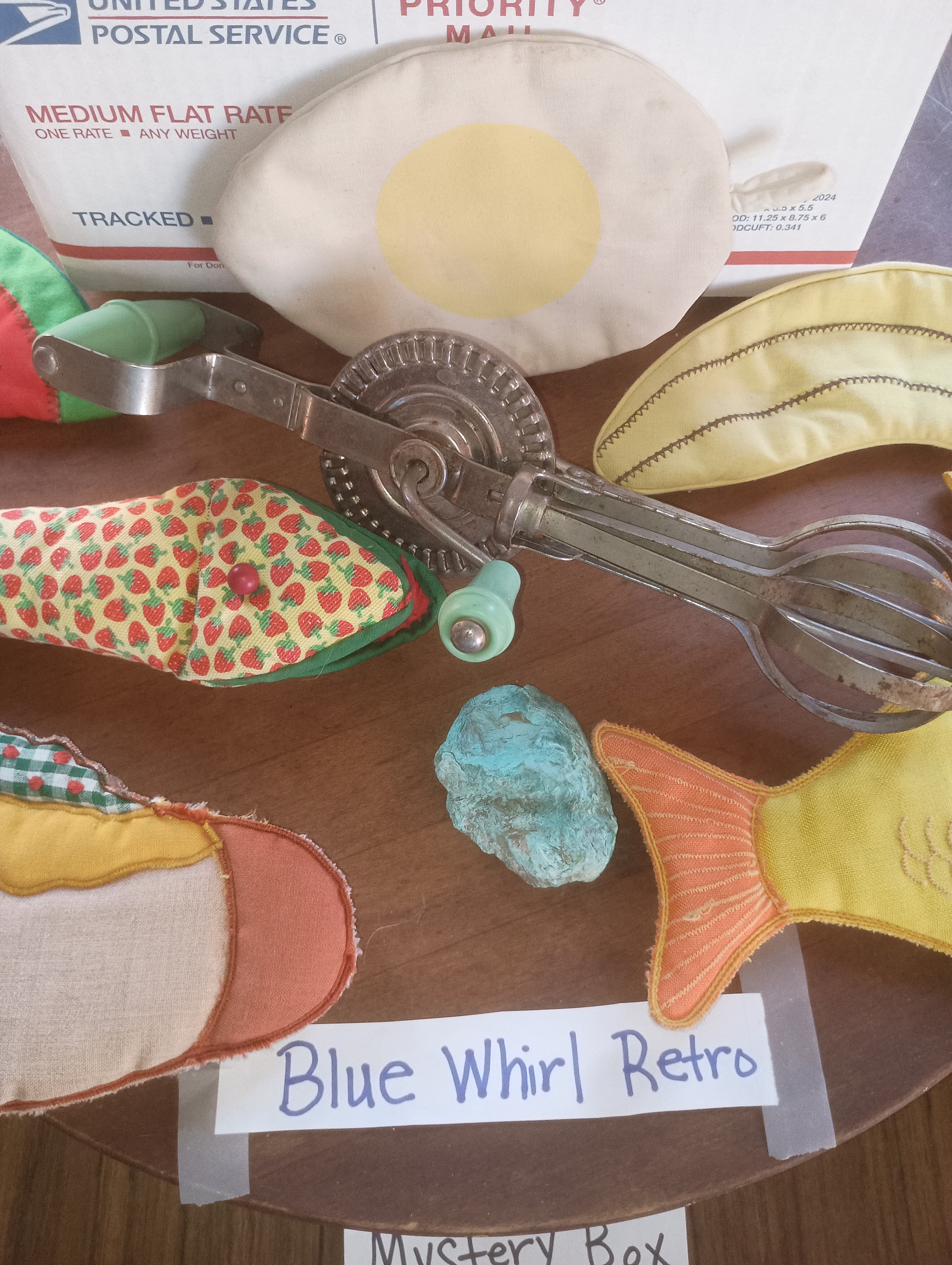Blue Whirl Retro Pop-Art Mystery Box - 1940s Mechanical Egg Beater & Quirky Food Potholder Set