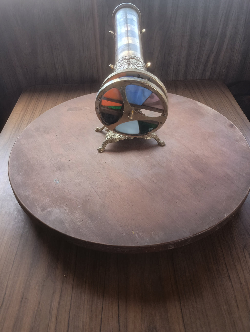 Vintage Handmade Brass & Stained Glass Parlor Tabletop Kaleidoscope