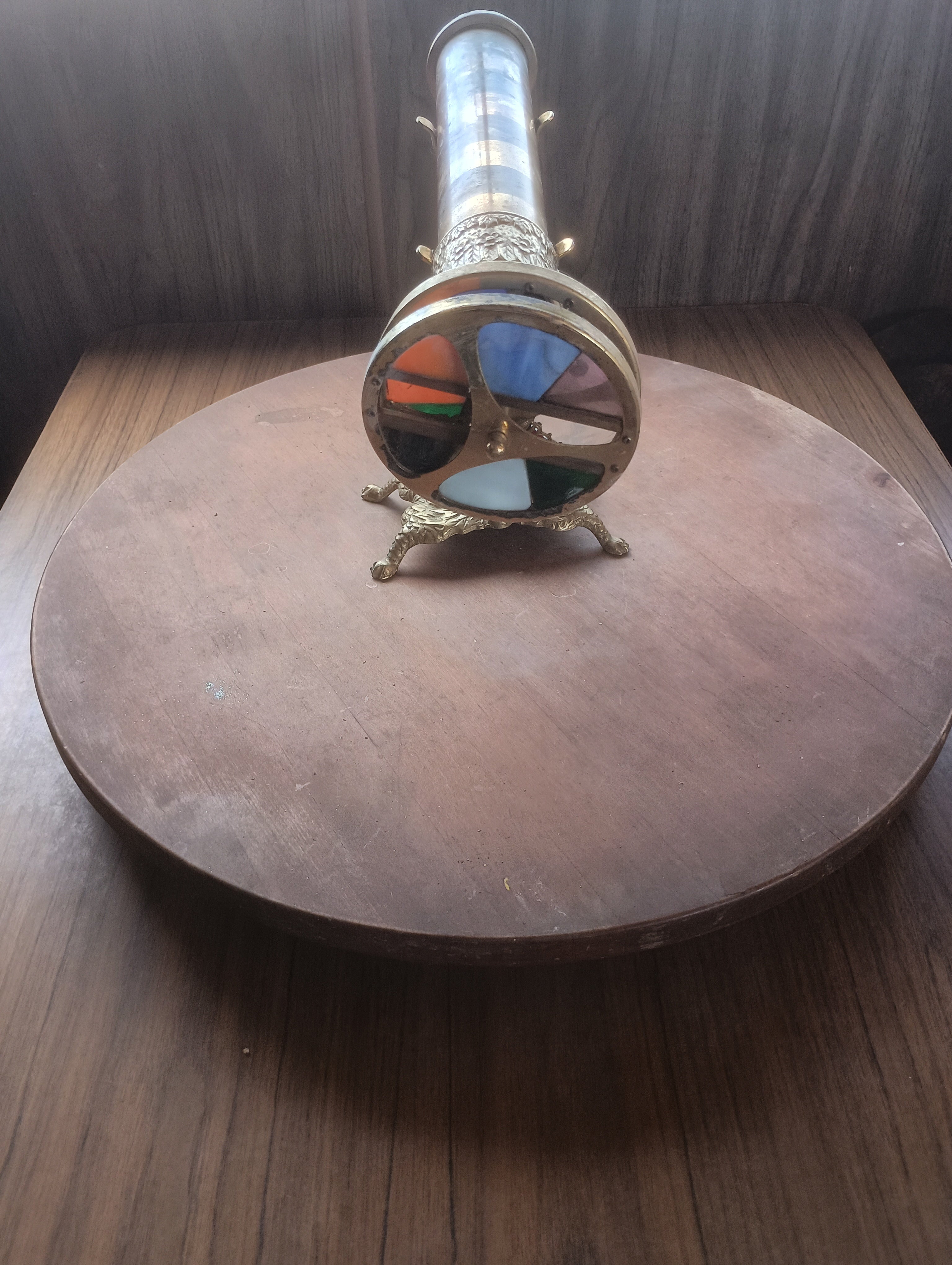 Vintage Handmade Brass & Stained Glass Parlor Tabletop Kaleidoscope