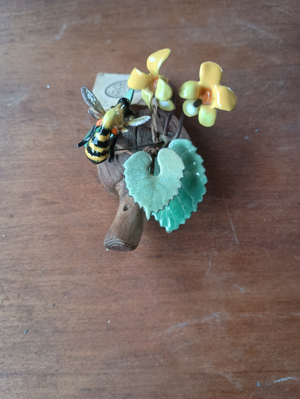 Signed Norman Brumm Enamel-on Copper Honeybee & Wildflower Sculpture