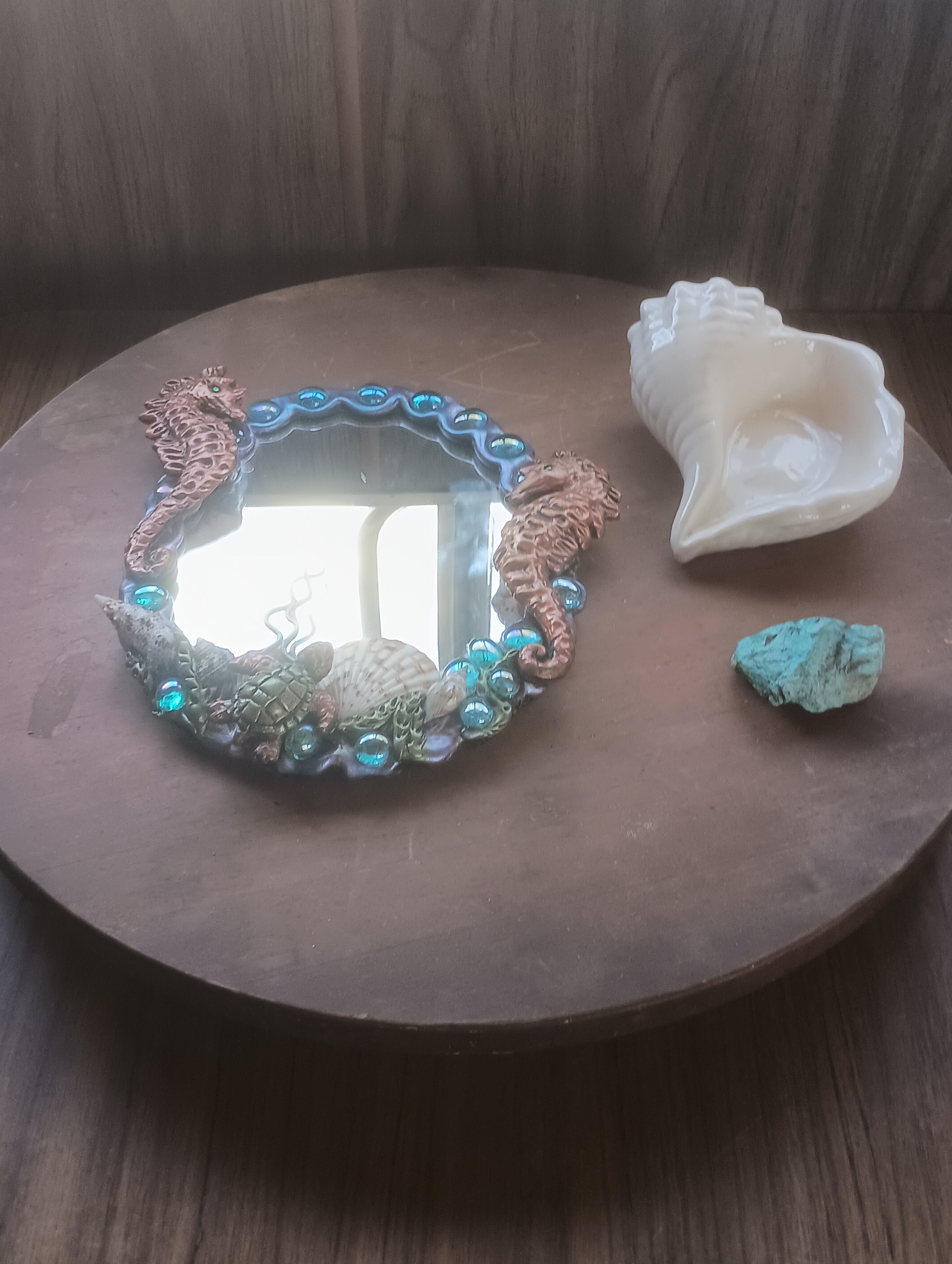 "Creature Creature" Hand-Sculpted Seahorse Fantasy Mirror & Ceramic Conch Soap Dish Set