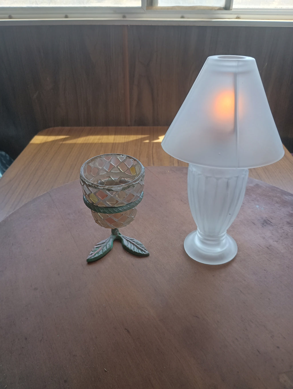 Vintage Frosted Glass "Vanity Glow" Lamp & Mosaic Pot with Rose Brass Stand