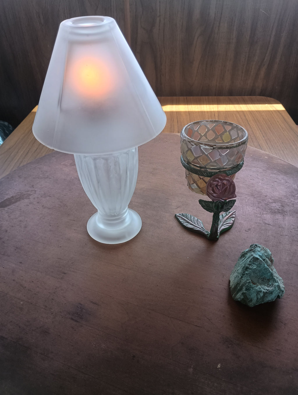 Vintage Frosted Glass "Vanity Glow" Lamp & Mosaic Pot with Rose Brass Stand
