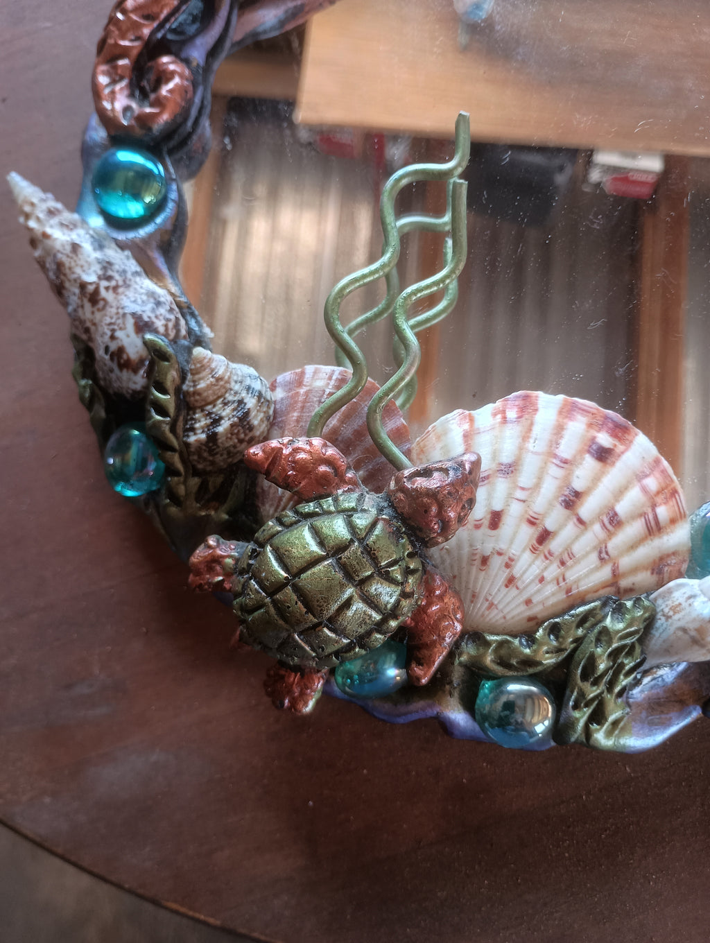"Creature Creature" Hand-Sculpted Seahorse Fantasy Mirror & Ceramic Conch Soap Dish Set