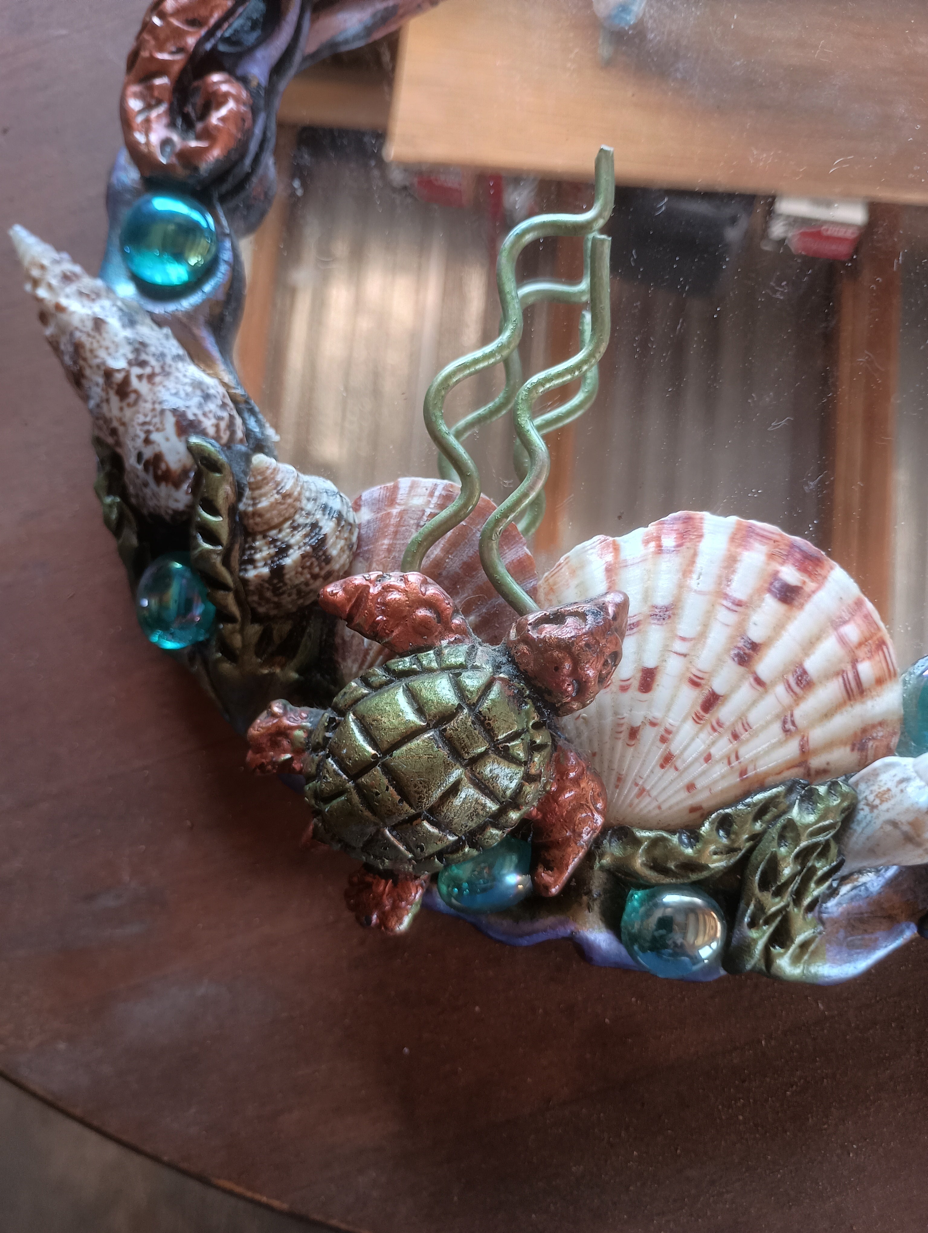 "Creature Creature" Hand-Sculpted Seahorse Fantasy Mirror & Ceramic Conch Soap Dish Set