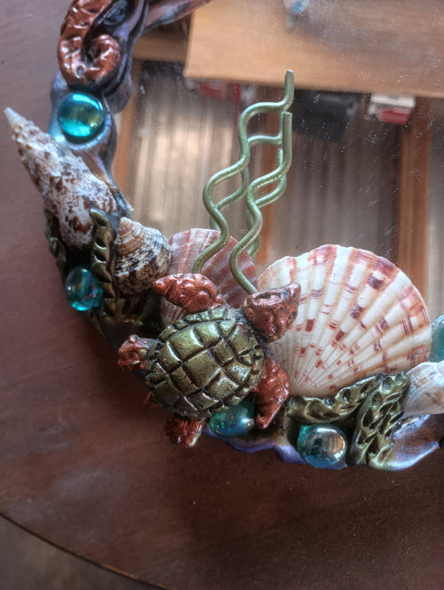 "Creature Creature" Hand-Sculpted Seahorse Fantasy Mirror & Ceramic Conch Soap Dish Set