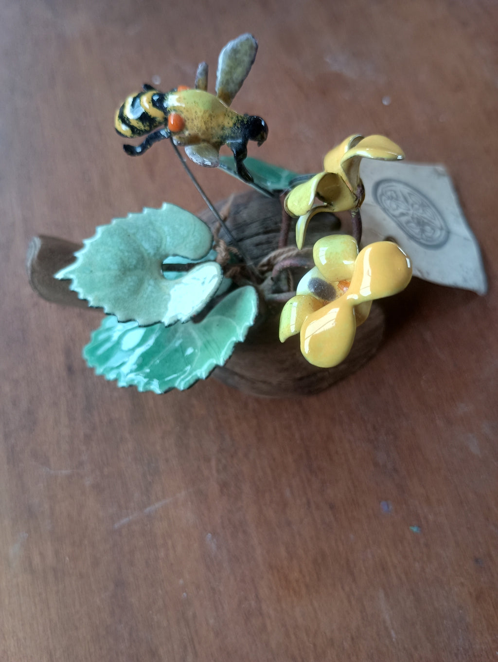 Signed Norman Brumm Enamel-on Copper Honeybee & Wildflower Sculpture