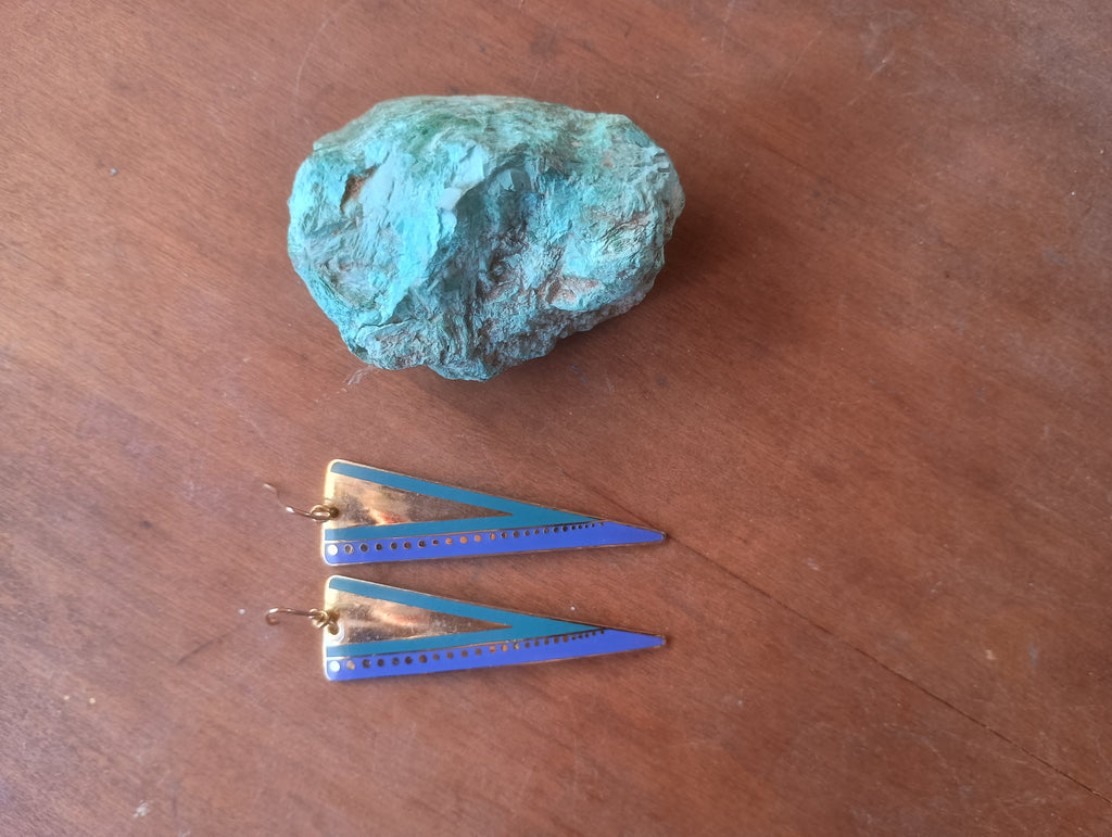Authentic Vintage 1980s Signed Laurel Burch "Oracle" Cloisonné Enamel Triangle Earrings