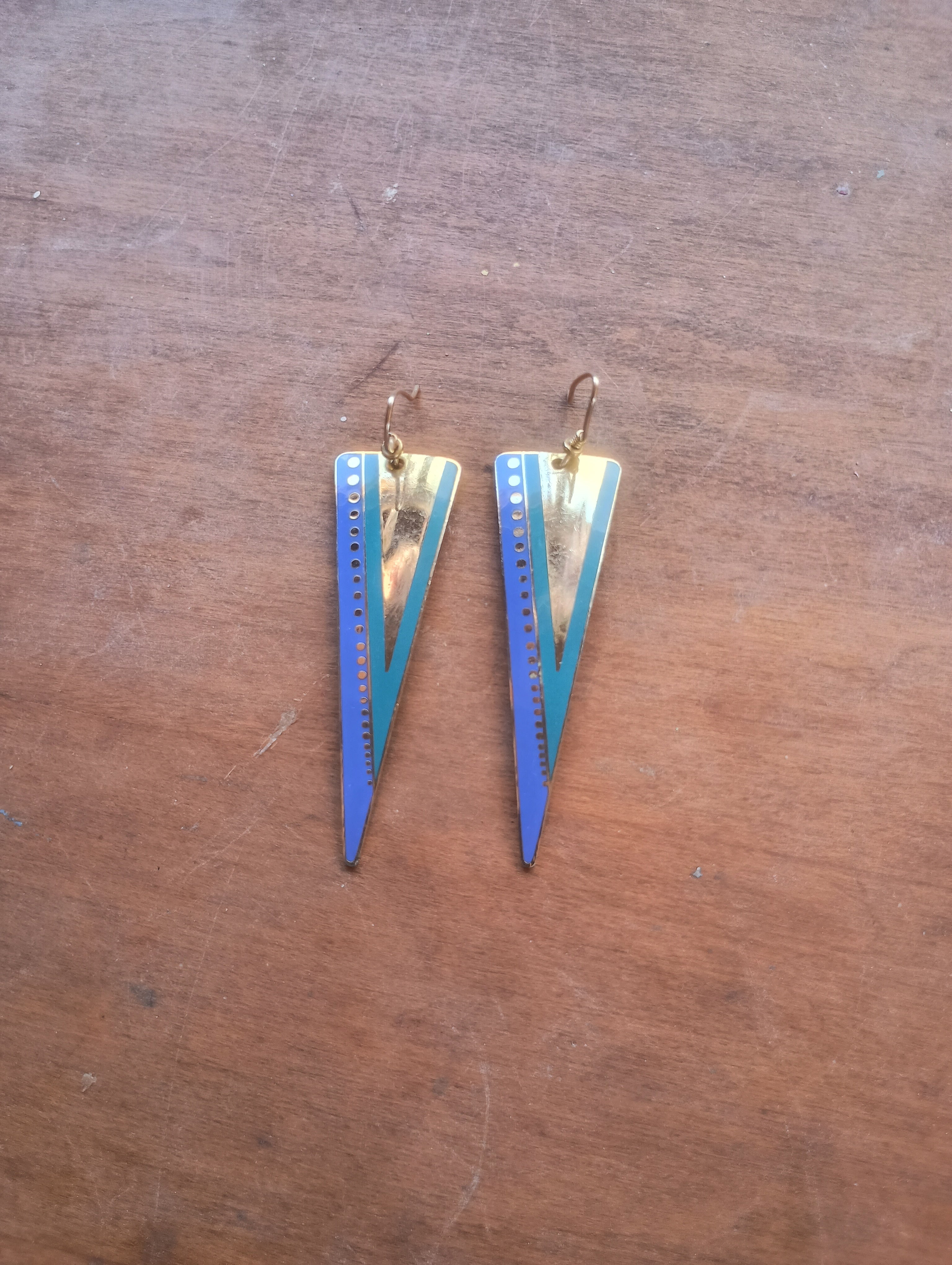 Authentic Vintage 1980s Signed Laurel Burch "Oracle" Cloisonné Enamel Triangle Earrings