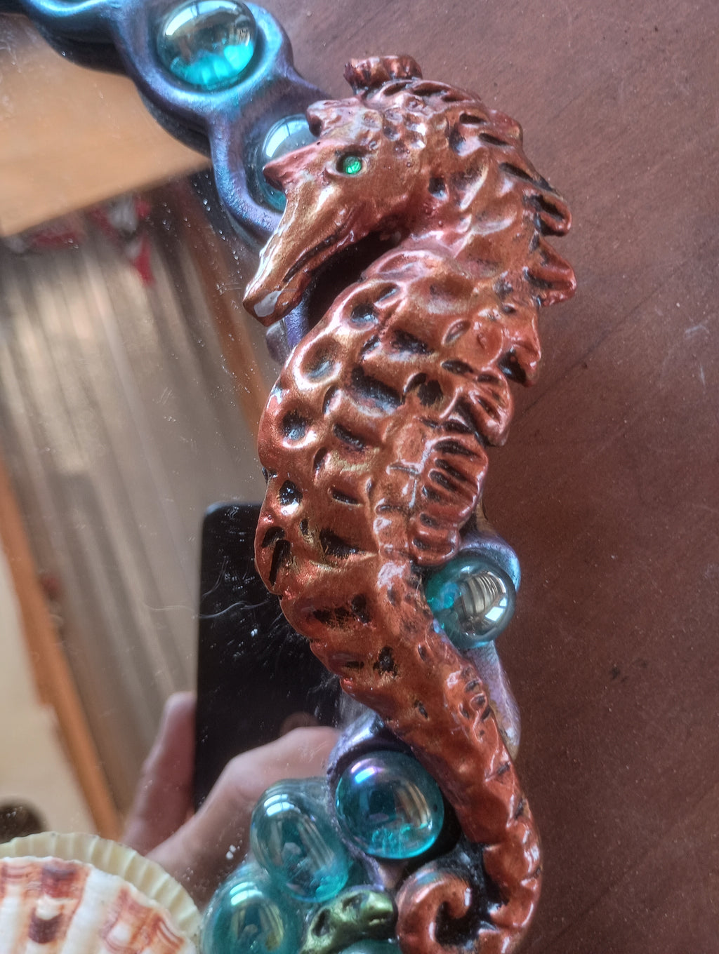 "Creature Creature" Hand-Sculpted Seahorse Fantasy Mirror & Ceramic Conch Soap Dish Set