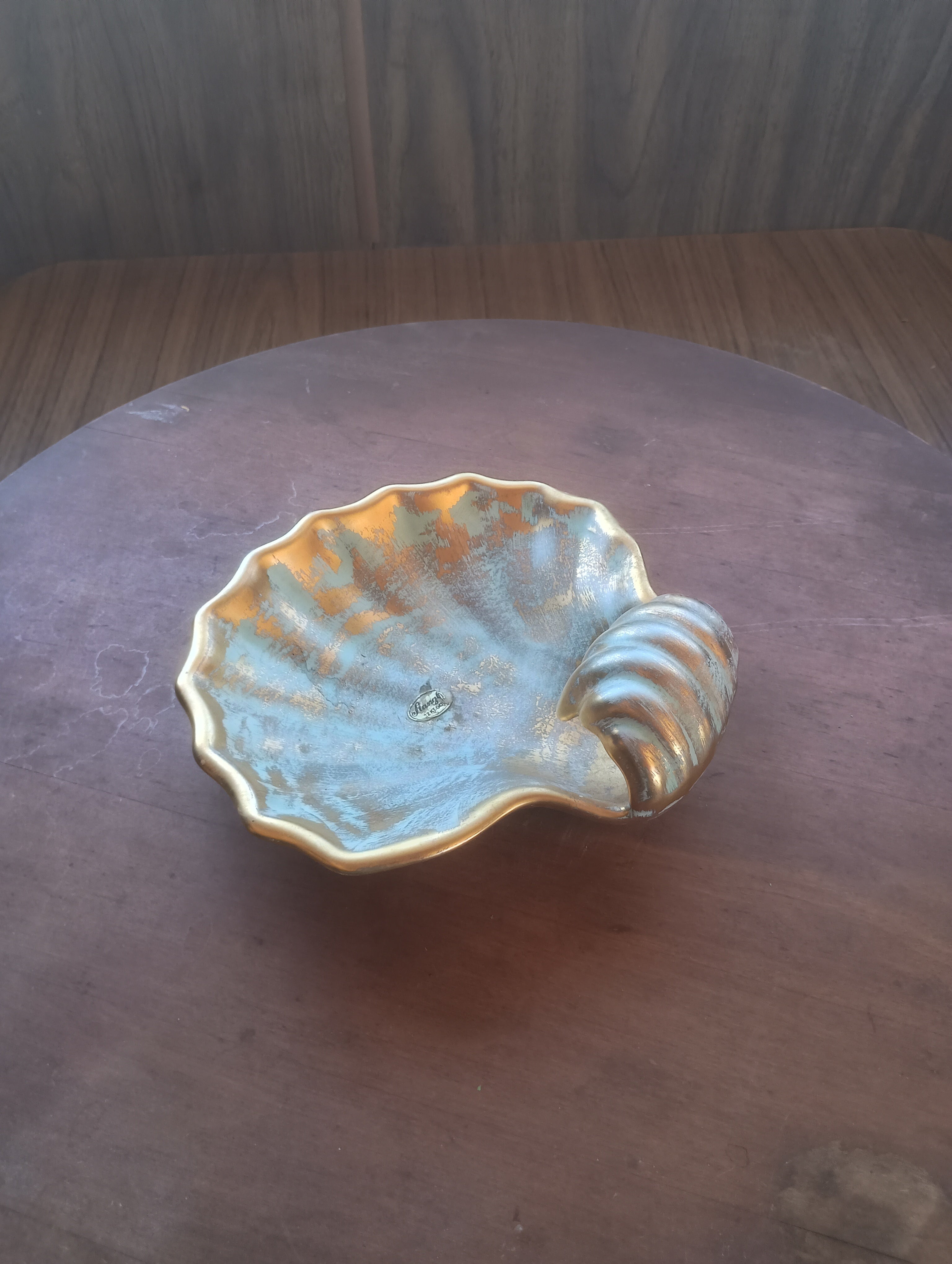 Vintage Mid-Century Stangl Pottery Iridescent Gold & Turquoise Shell Dish - #4018