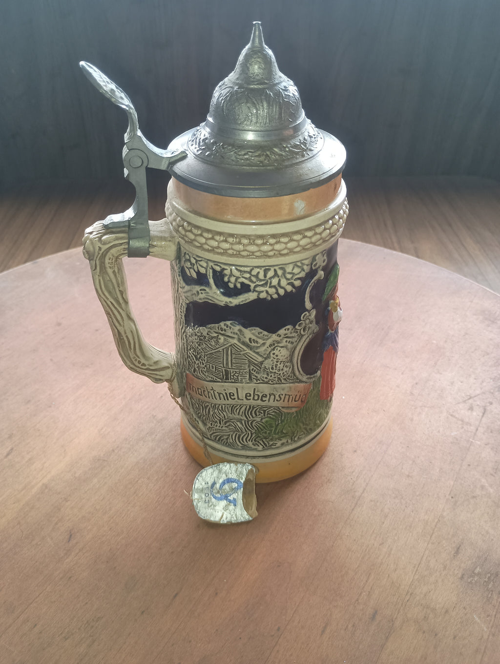 Authentic Gerz "Bier, Lieb u. Lied" Relief Stein with Original Factory Tag