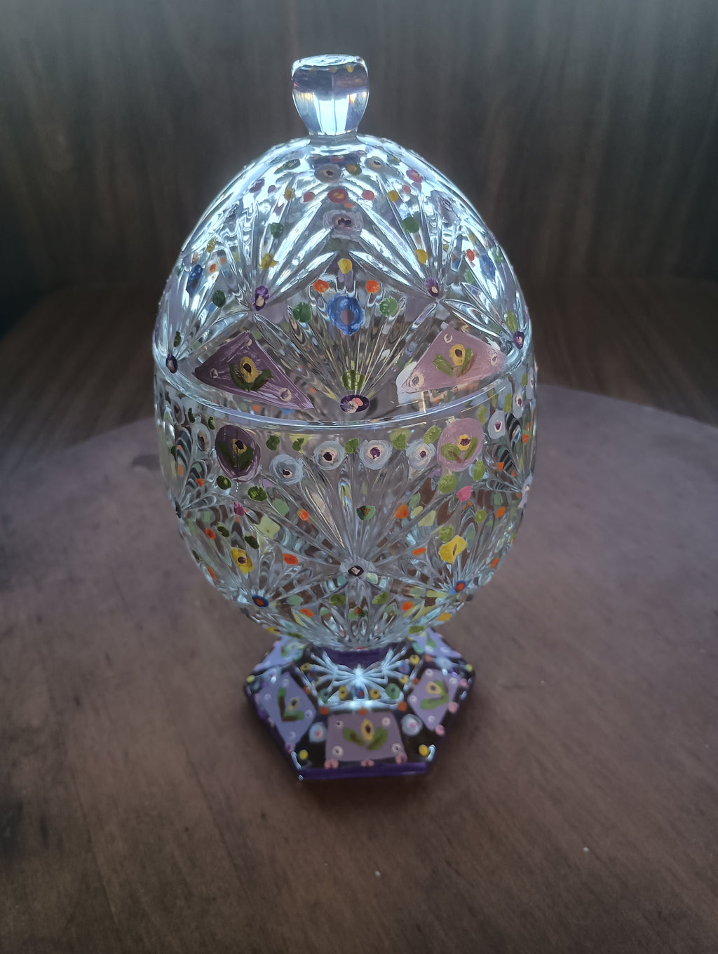 Hand-Painted Floral Cut Crystal Footed Egg Dish