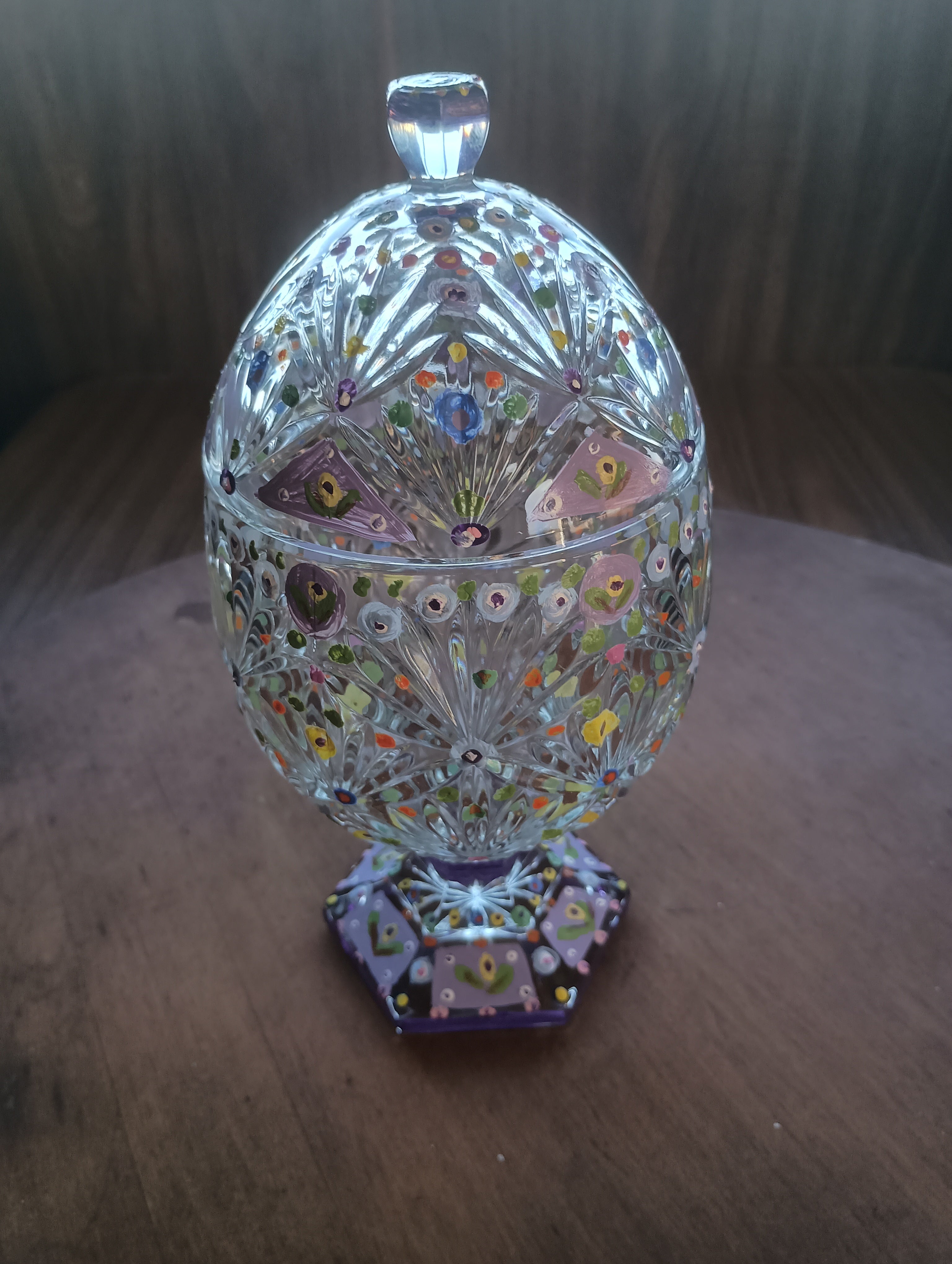 Hand-Painted Floral Cut Crystal Footed Egg Dish