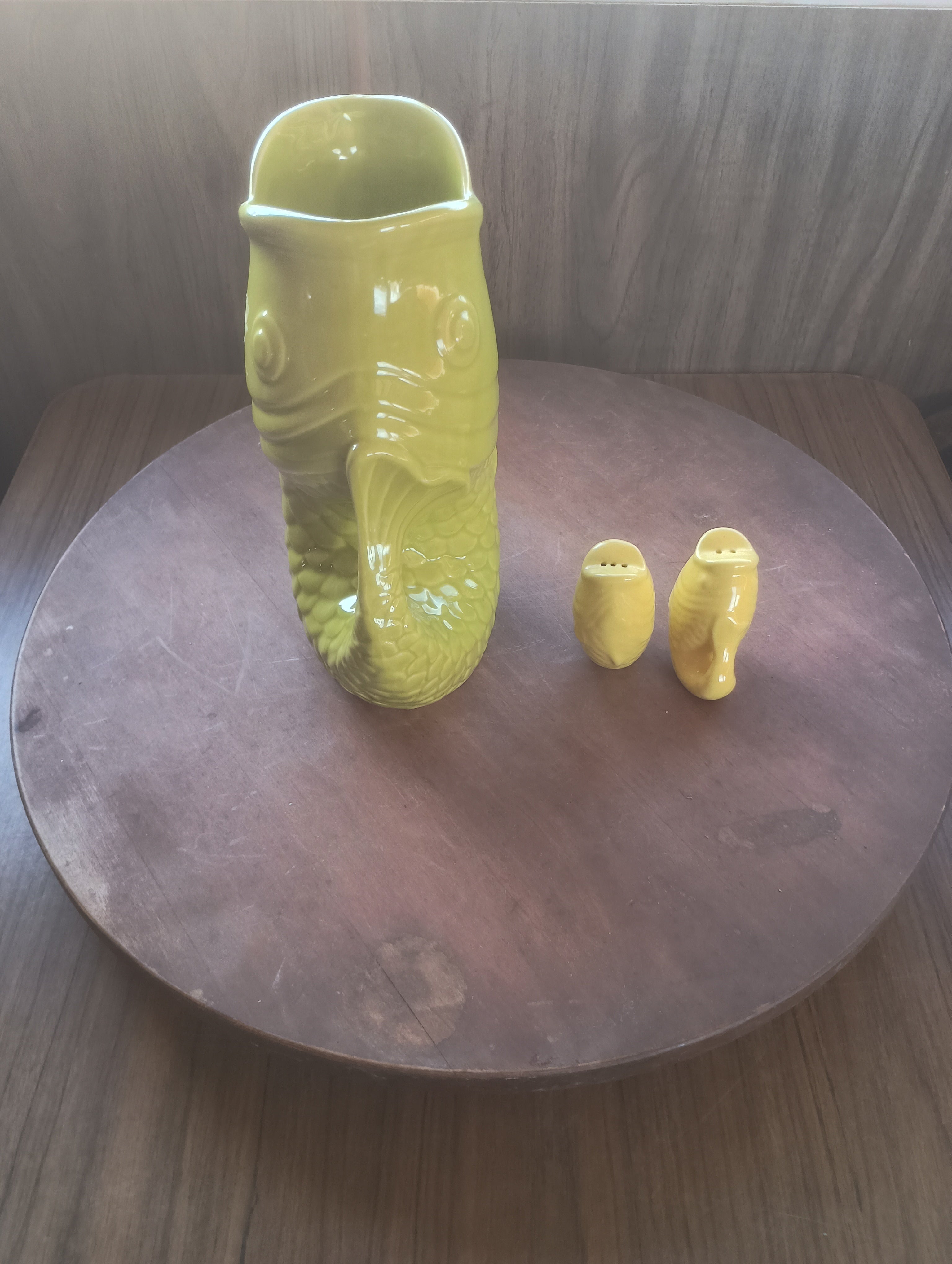 "Bistro Brights" Chartreuse Fish Gluggle Pitcher & Yellow Fish Salt/Pepper Shaker Set