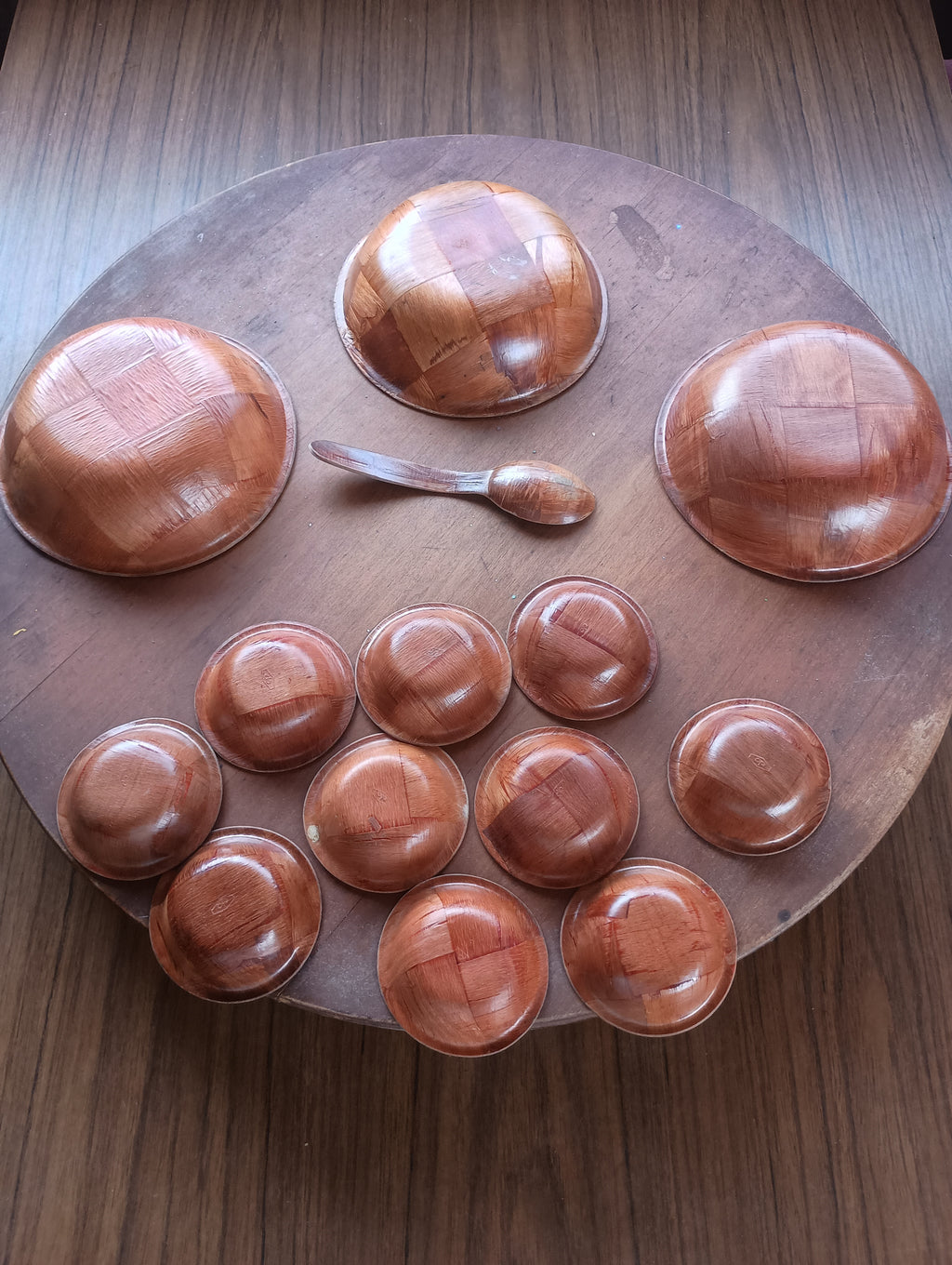 Vintage Monkey Pod Wood Nut Bowl Set - Complete with Cups and Spoon Three larger bowls, 10 tiny, palm sized bowls, and one spoon