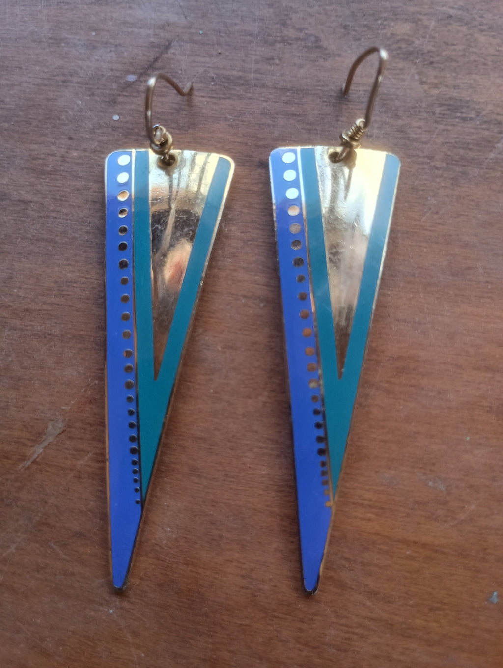 Authentic Vintage 1980s Signed Laurel Burch "Oracle" Cloisonné Enamel Triangle Earrings