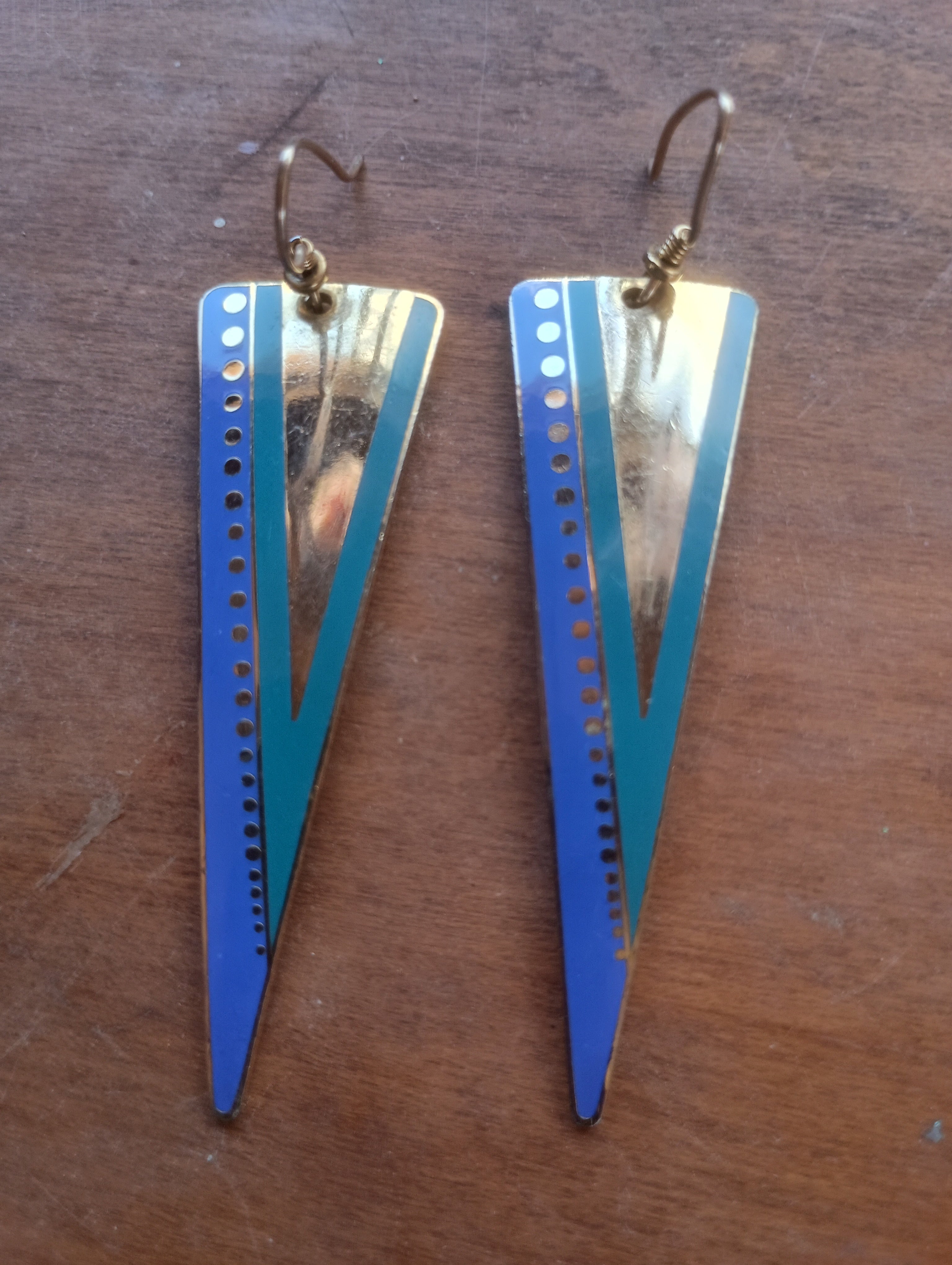 Authentic Vintage 1980s Signed Laurel Burch "Oracle" Cloisonné Enamel Triangle Earrings