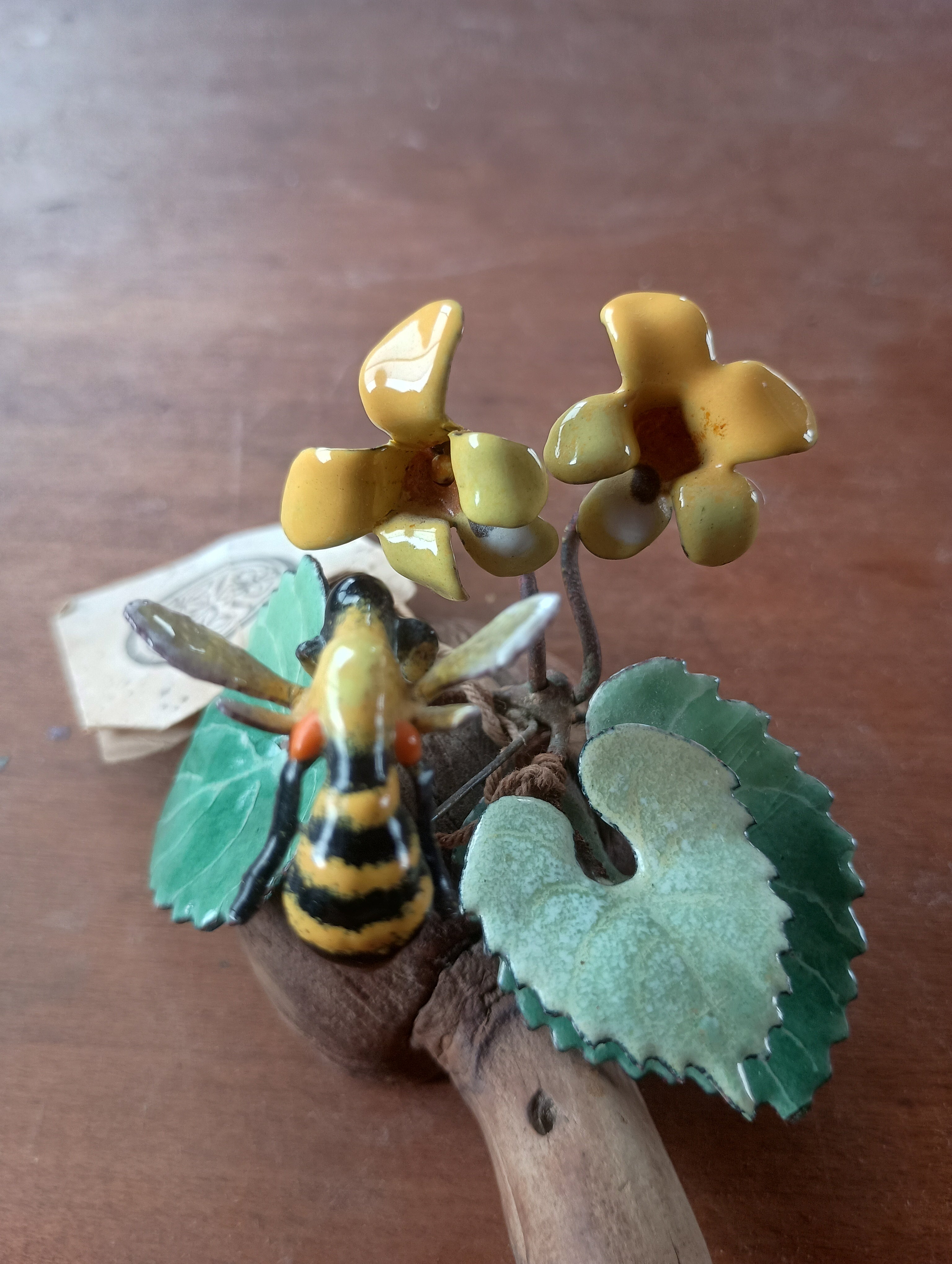 Signed Norman Brumm Enamel-on Copper Honeybee & Wildflower Sculpture