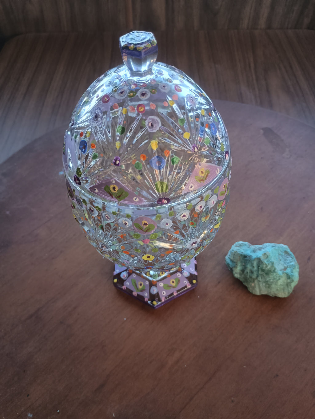 Hand-Painted Floral Cut Crystal Footed Egg Dish