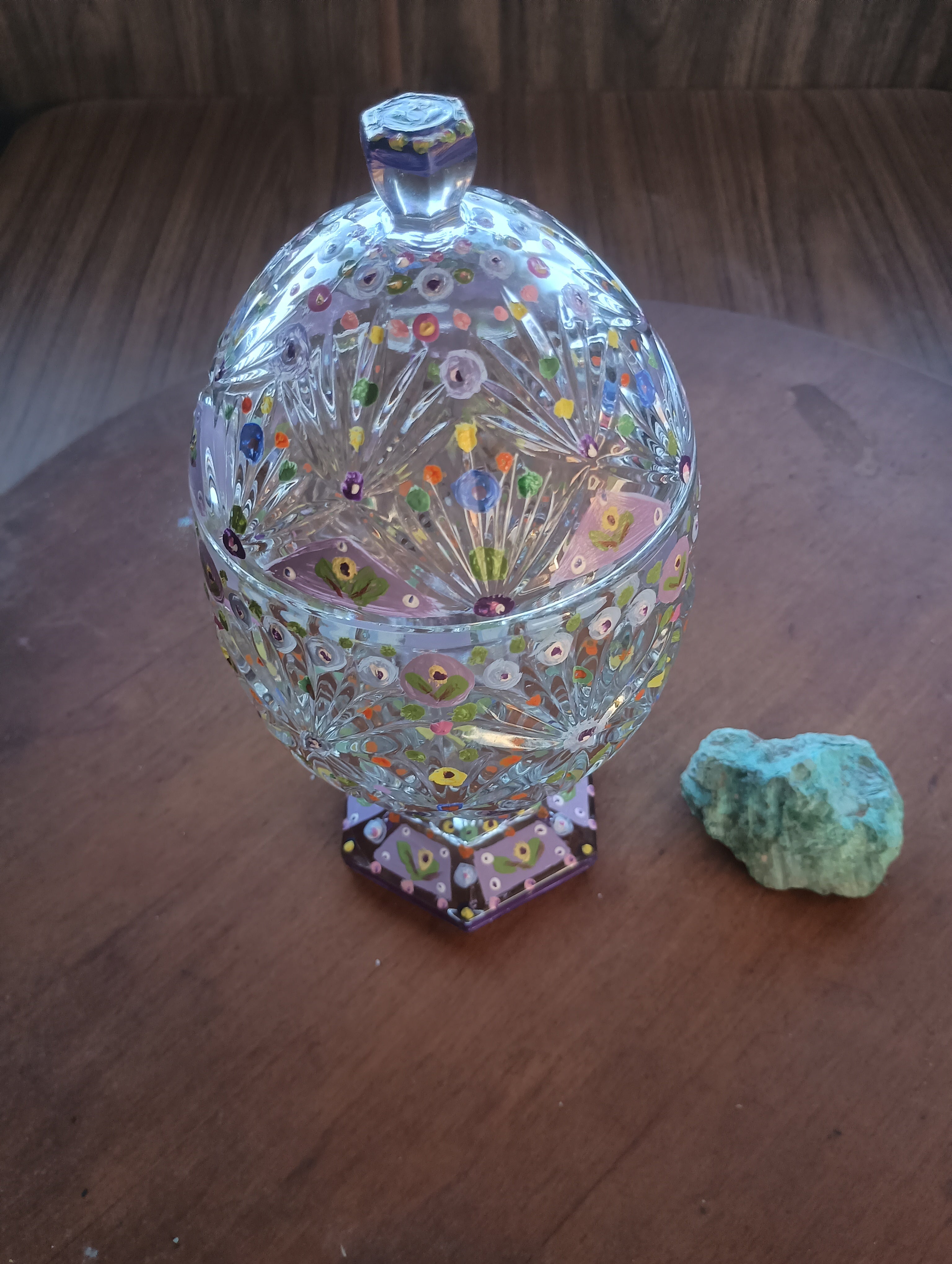 Hand-Painted Floral Cut Crystal Footed Egg Dish
