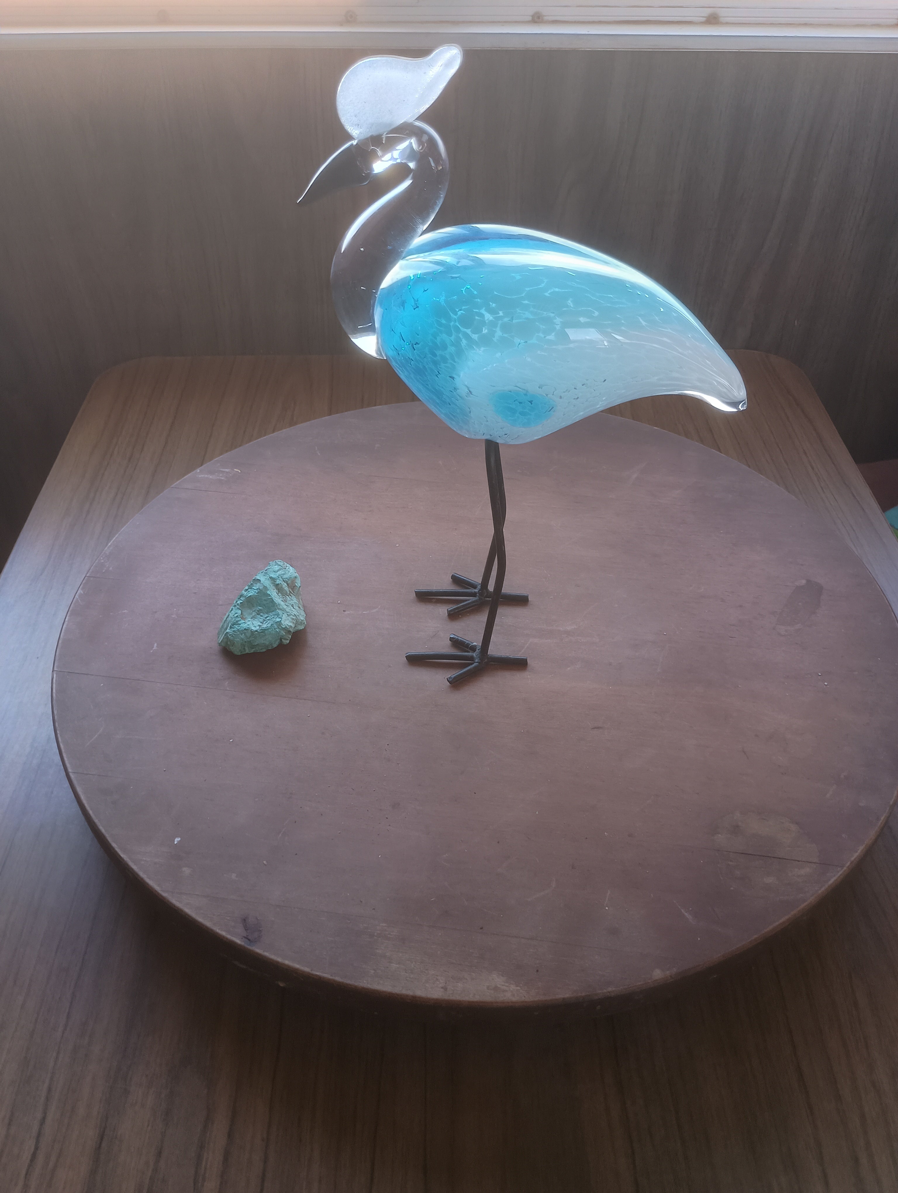 Vintage Mid-Century Murano Style Aqua Blown Art Glass Heron on Welded Metal Legs